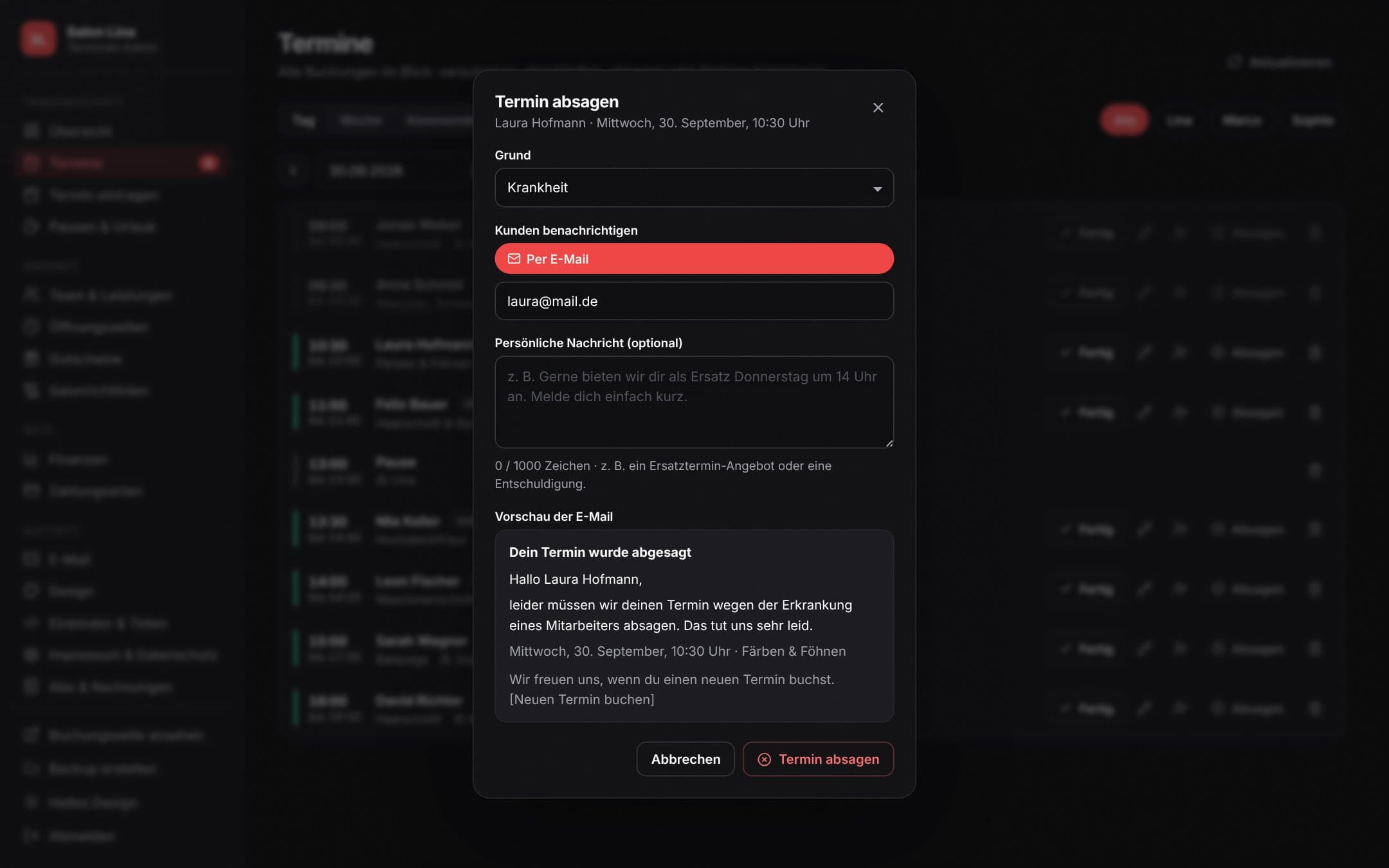 Terminski Termin absagen mit automatischer Benachrichtigung